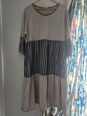 New Collection Striped and Gingham  Bohemian Midi Dress in Tan and Navy